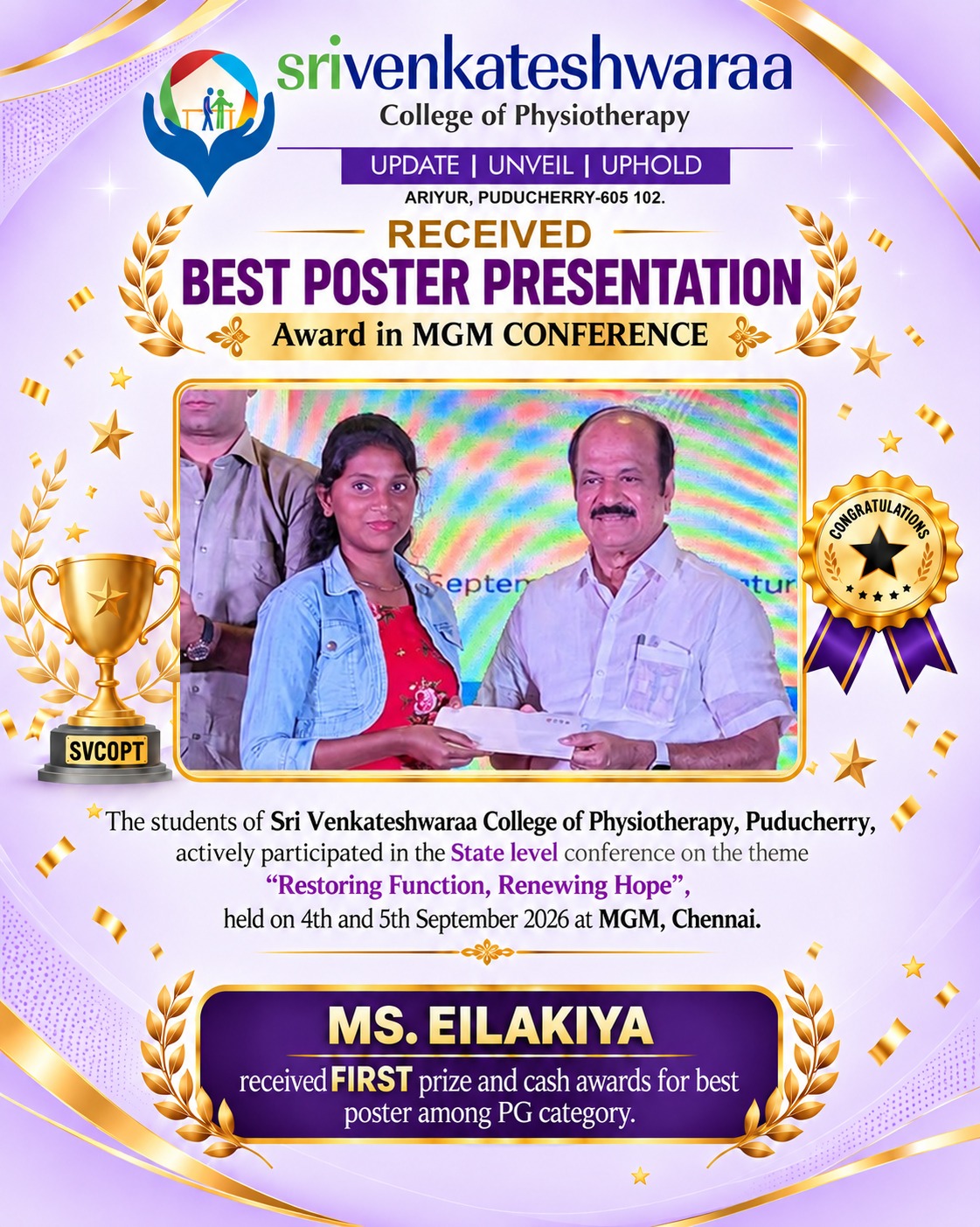 Best Poster Award - Ms. Eilakiya, MGM Conference