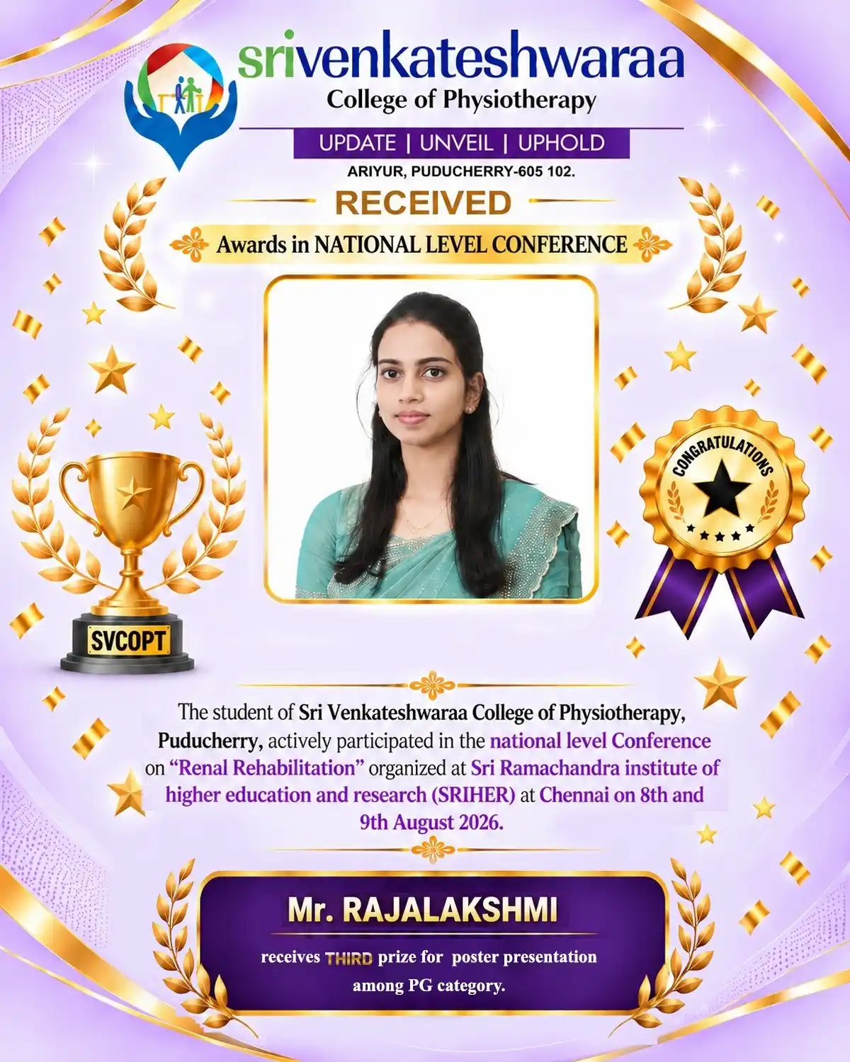 National Level Conference Award - Ms. Rajalakshmi